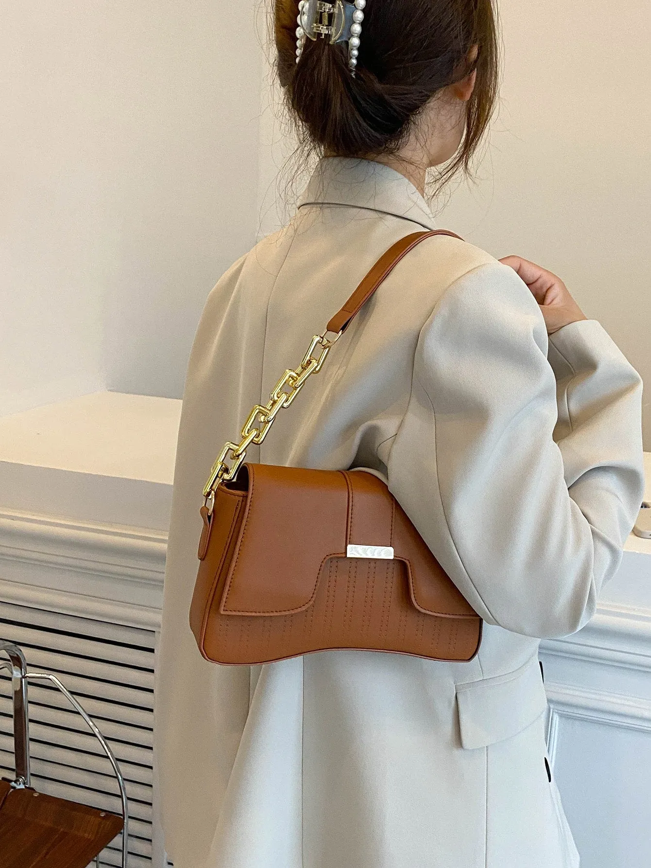 Faux Leather Minimalist Flap Chain Baguette Bag- FD ⚡