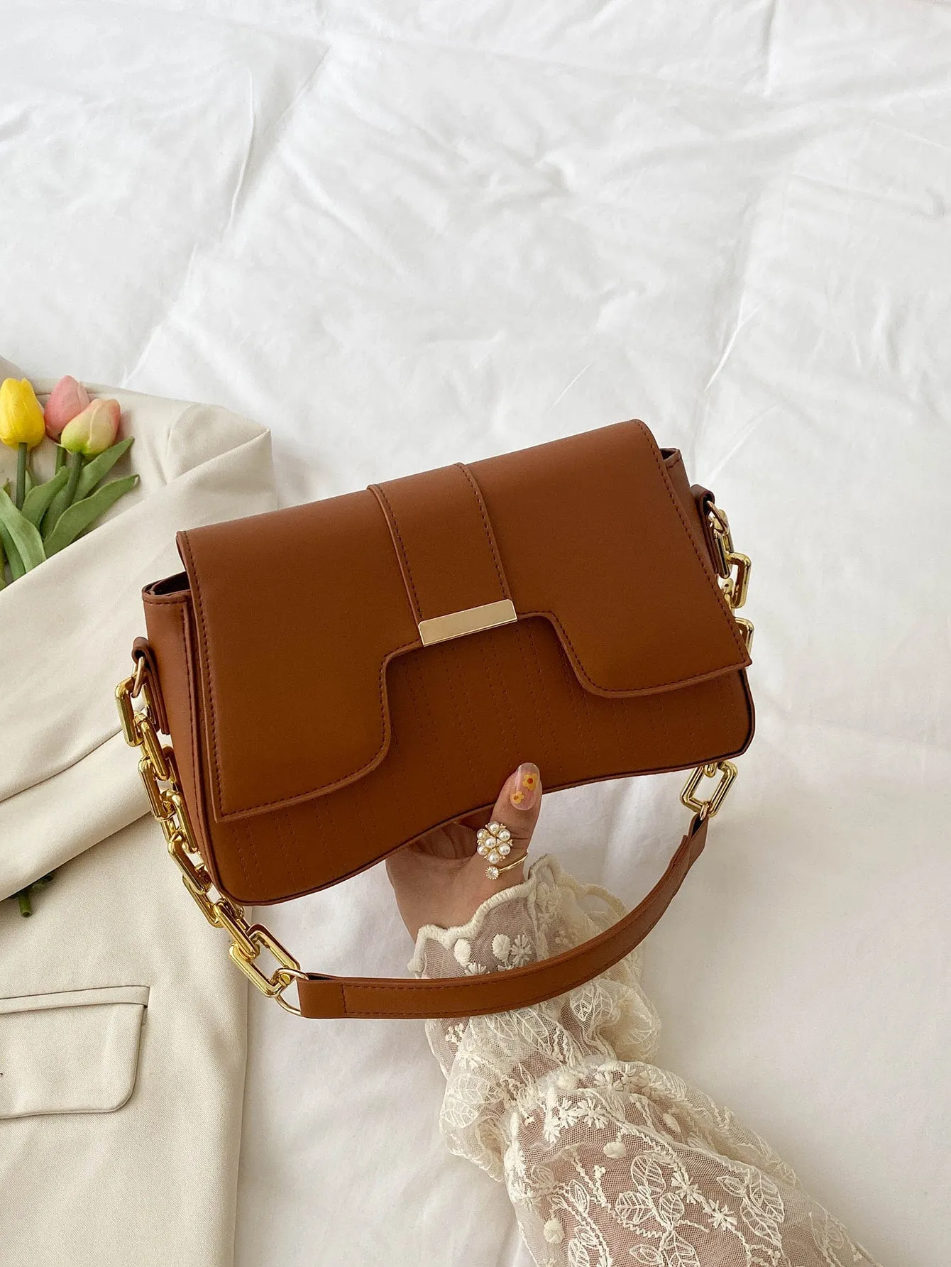 Faux Leather Minimalist Flap Chain Baguette Bag- FD ⚡