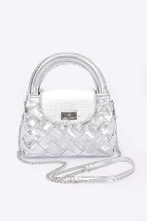 Faux Metallic Leather Braided Embossed Handle Bag