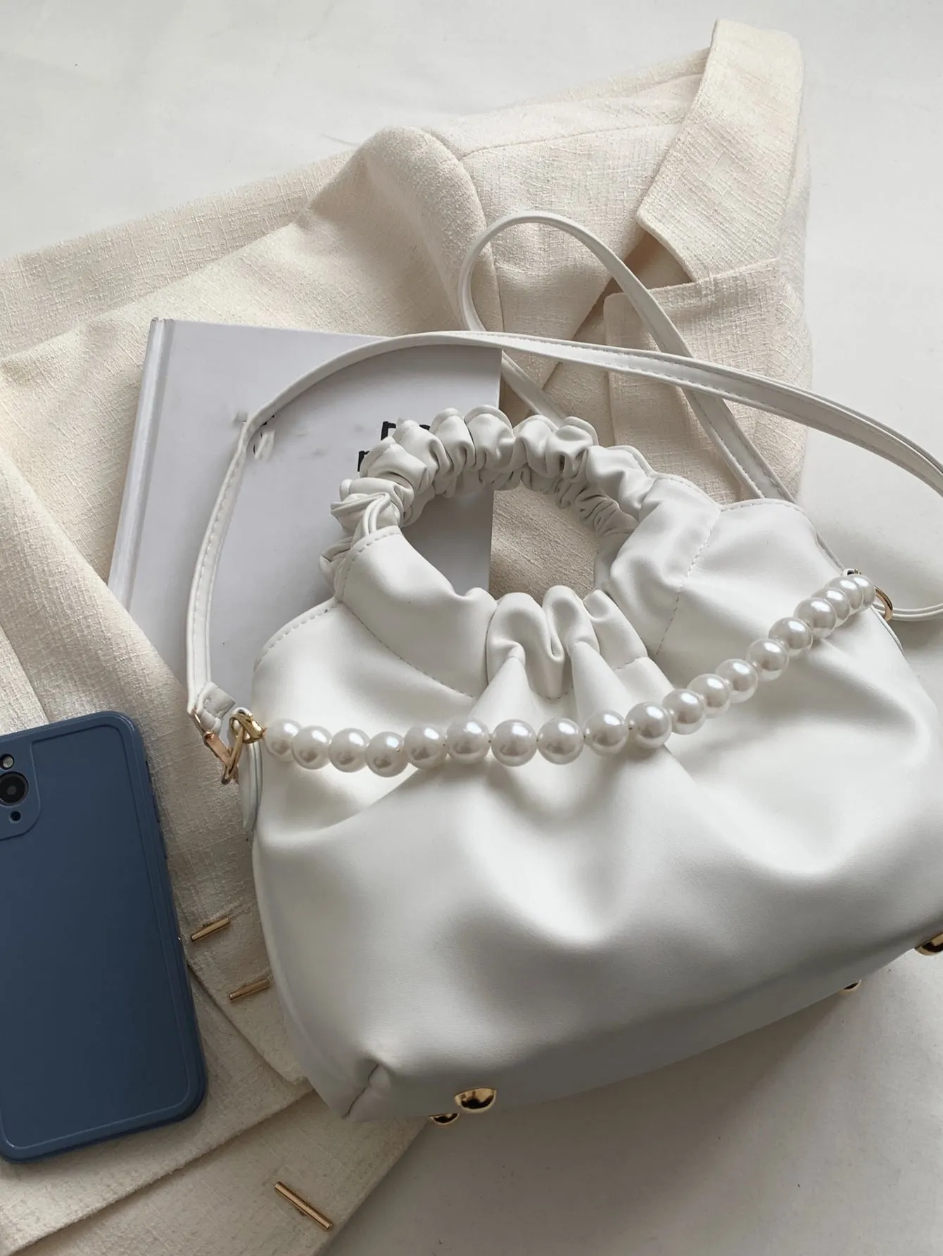 Faux Pearl Decor Ruched Bag - White- FD ⚡