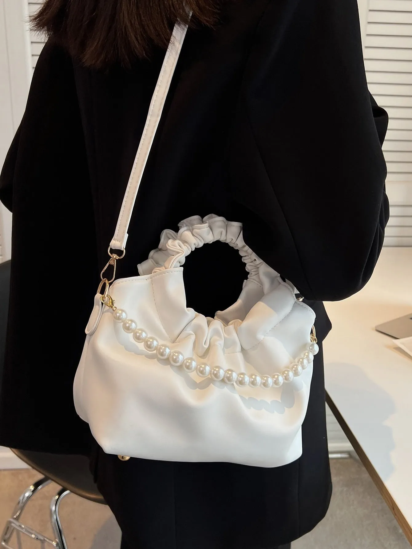 Faux Pearl Decor Ruched Bag - White- FD ⚡