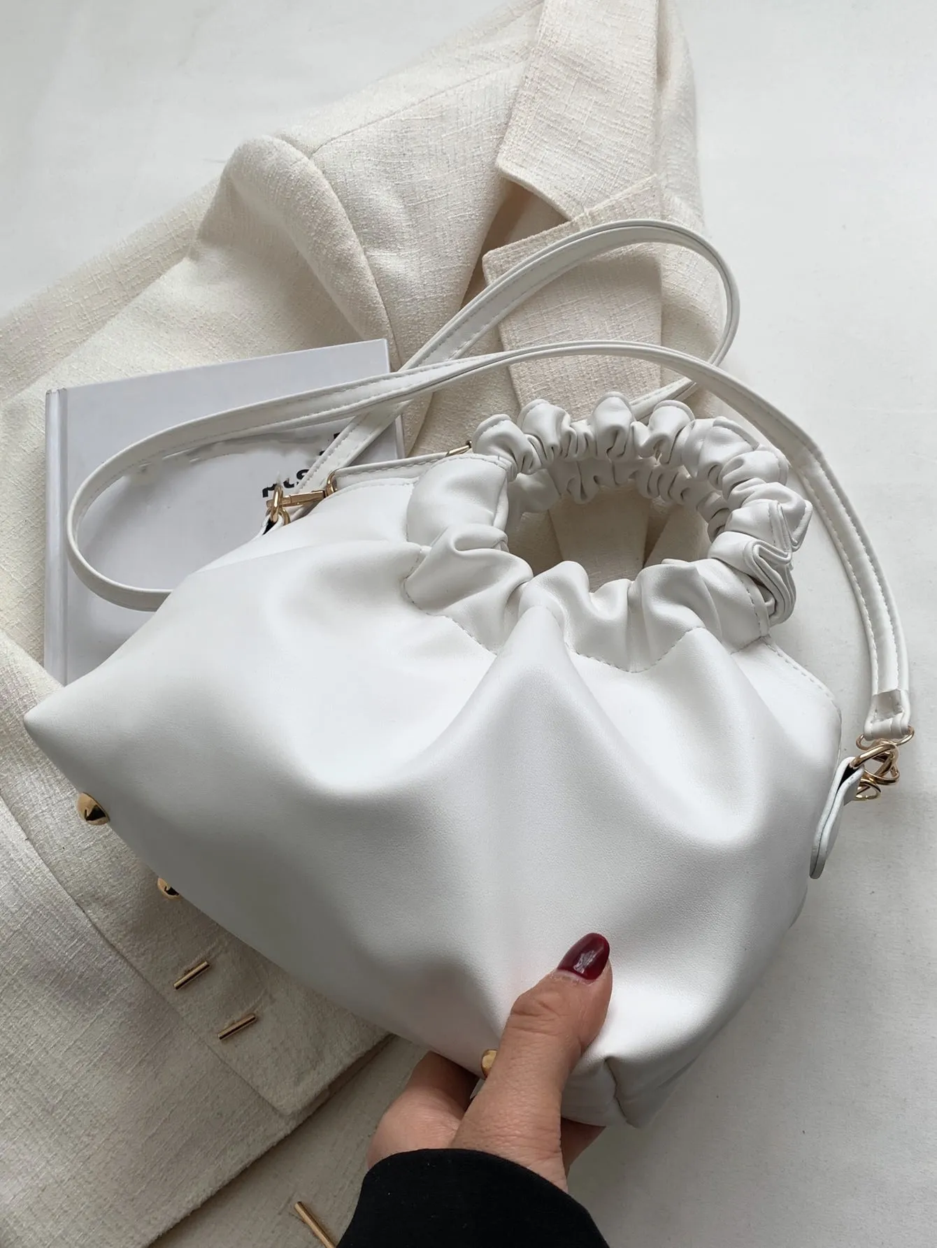 Faux Pearl Decor Ruched Bag - White- FD ⚡