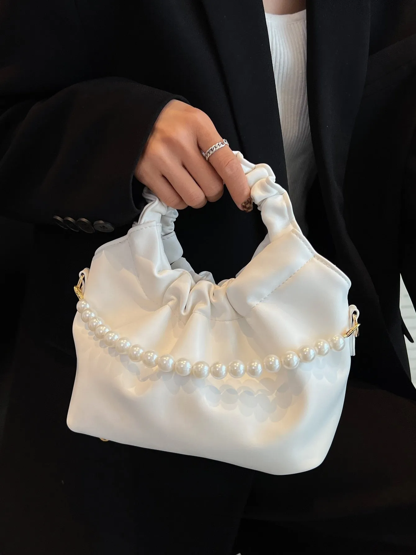 Faux Pearl Decor Ruched Bag - White- FD ⚡
