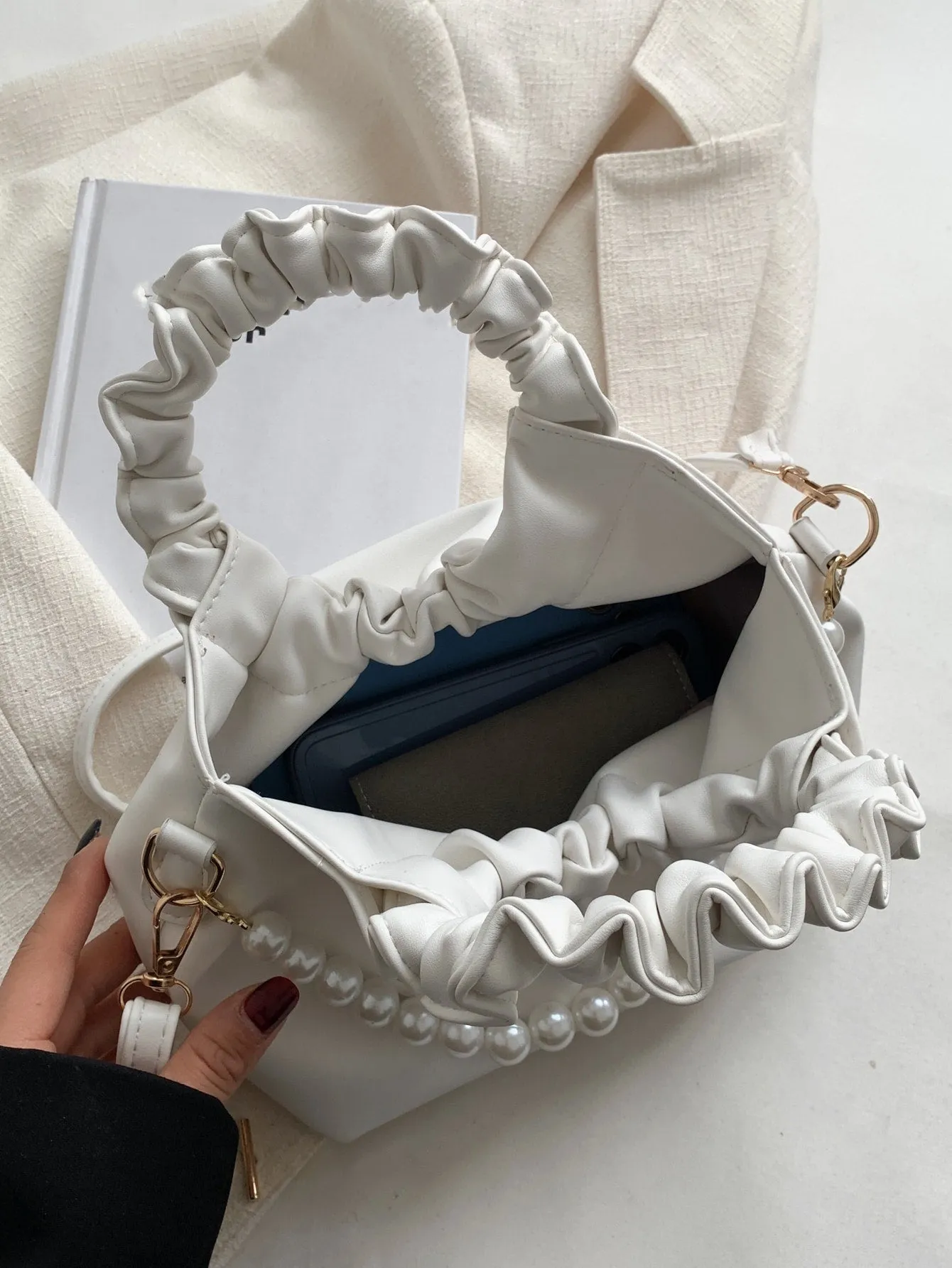 Faux Pearl Decor Ruched Bag - White- FD ⚡