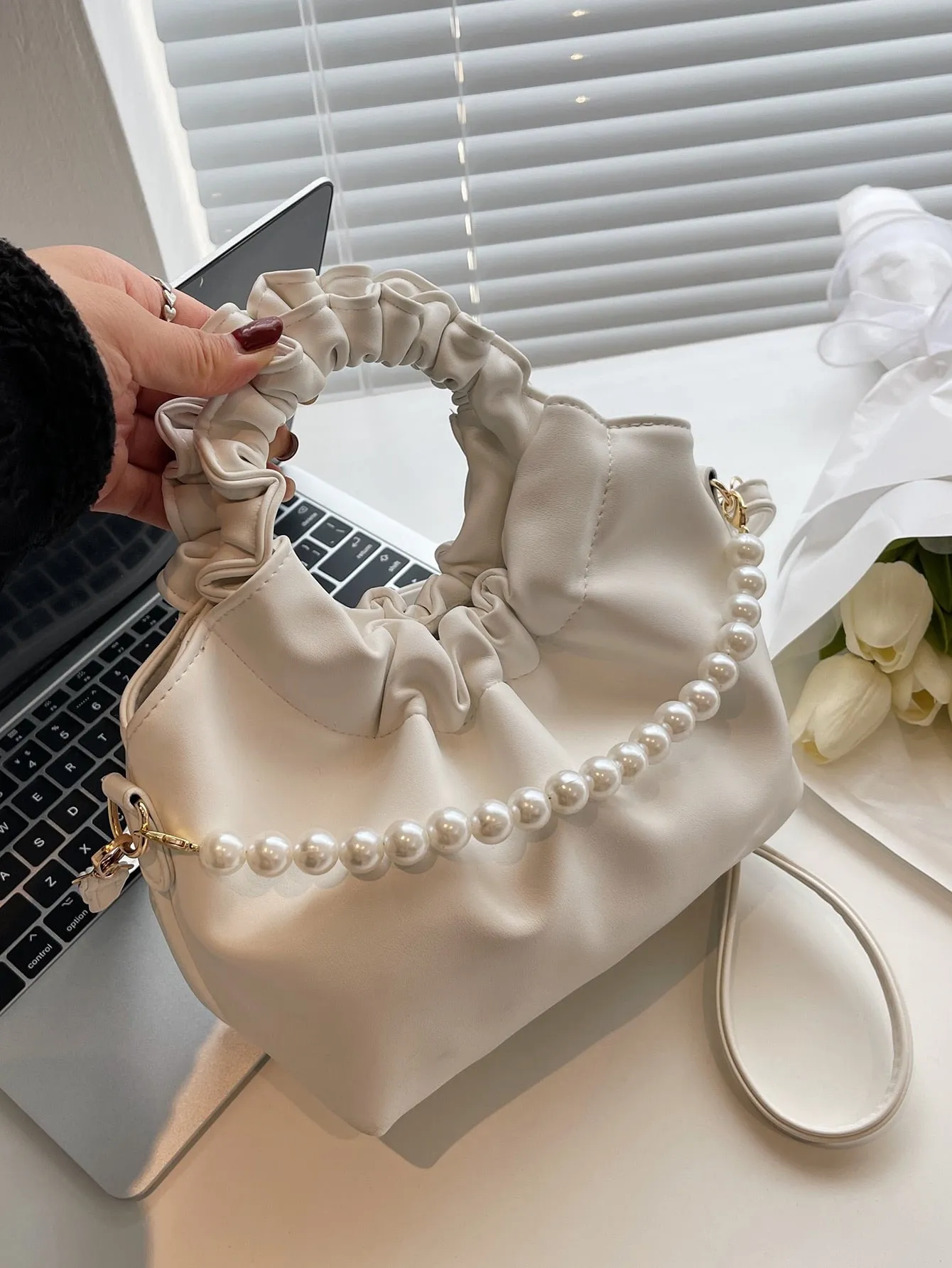 Faux Pearl Decor Ruched Bag - White- FD ⚡