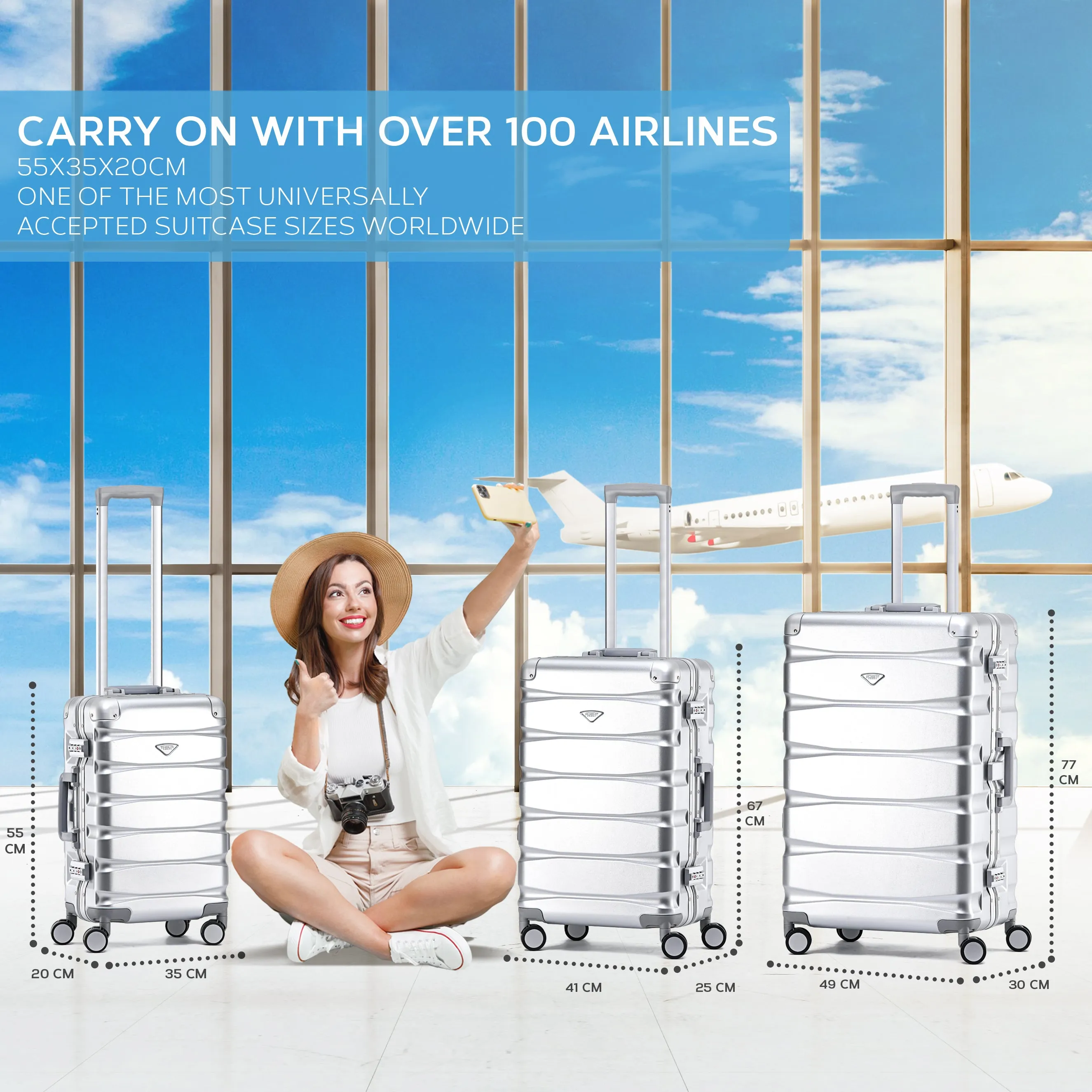 Flight Knight Premium Travel Suitcase - 8 Spinner Wheels - Built-in TSA Lock Lightweight Aluminium Frame, ABS Hard Shell Carry on Check in Luggage Highly Durable - Approved for Over 100 Airlines