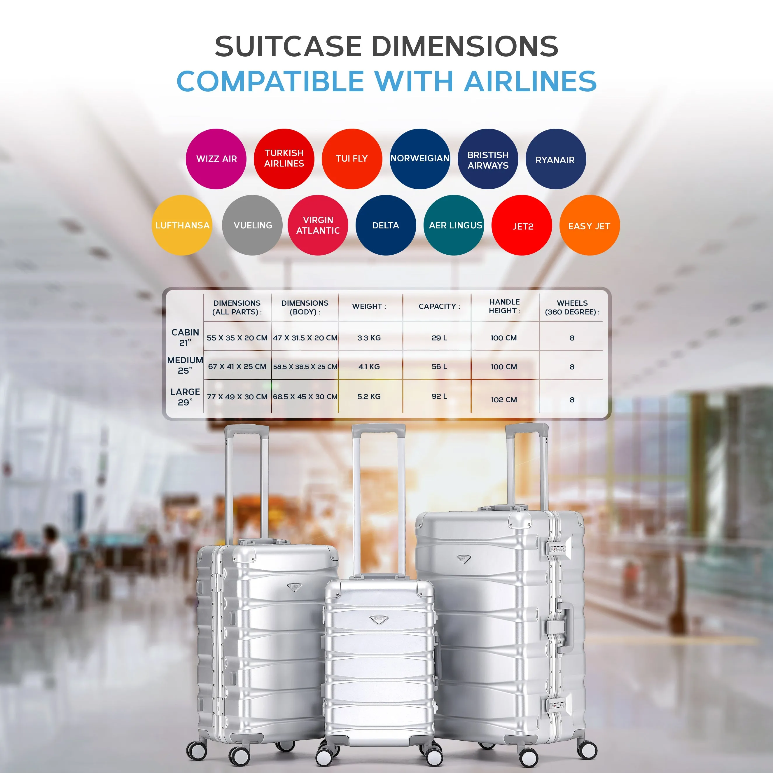 Flight Knight Premium Travel Suitcase - 8 Spinner Wheels - Built-in TSA Lock Lightweight Aluminium Frame, ABS Hard Shell Carry on Check in Luggage Highly Durable - Approved for Over 100 Airlines