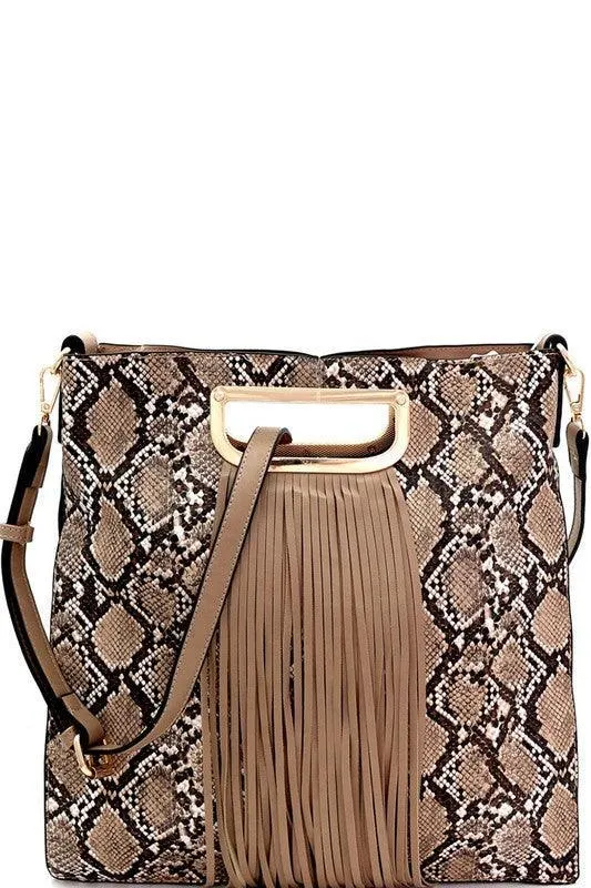 Fringed snake skin handbag