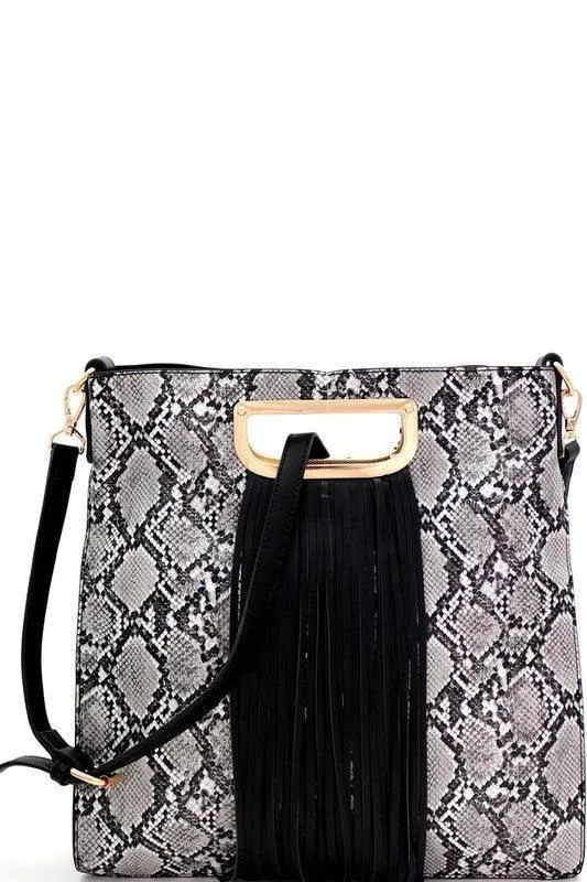 Fringed snake skin handbag