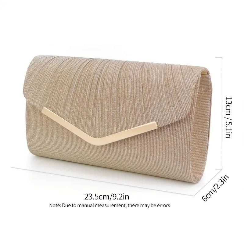 Glitter Ruched Evening Bag, Elegant Envelope Clutch Purse, Women's Flap Handbags For Wedding Prom Party