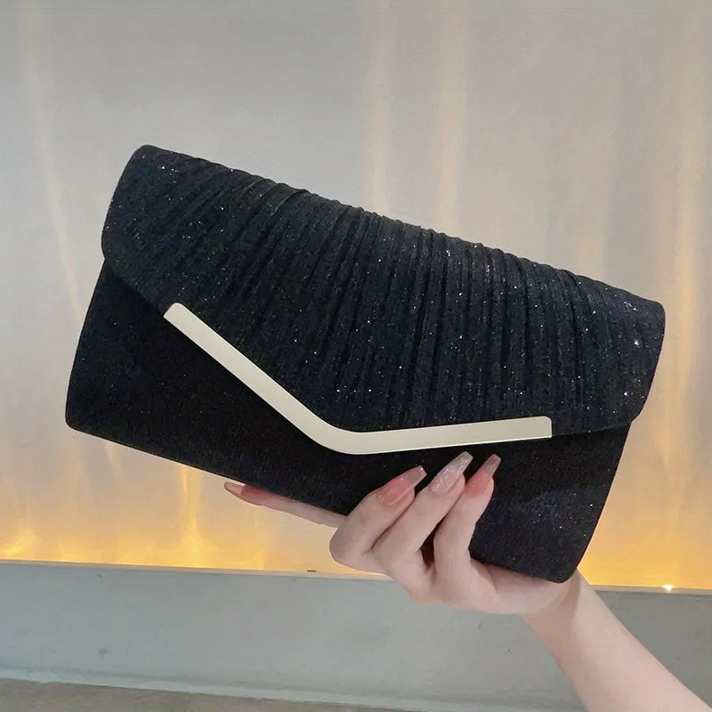Glitter Ruched Evening Bag, Elegant Envelope Clutch Purse, Women's Flap Handbags For Wedding Prom Party