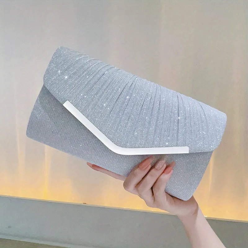 Glitter Ruched Evening Bag, Elegant Envelope Clutch Purse, Women's Flap Handbags For Wedding Prom Party