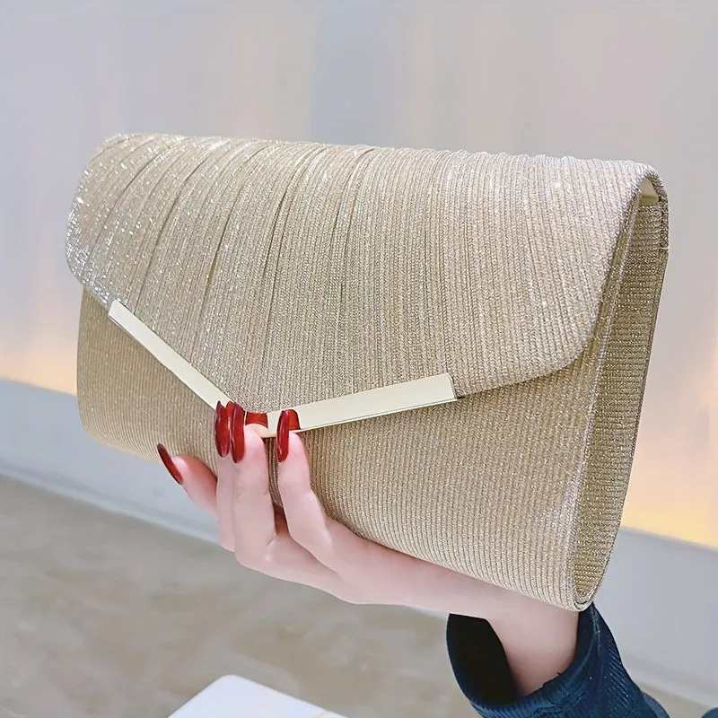 Glitter Ruched Evening Bag, Elegant Envelope Clutch Purse, Women's Flap Handbags For Wedding Prom Party