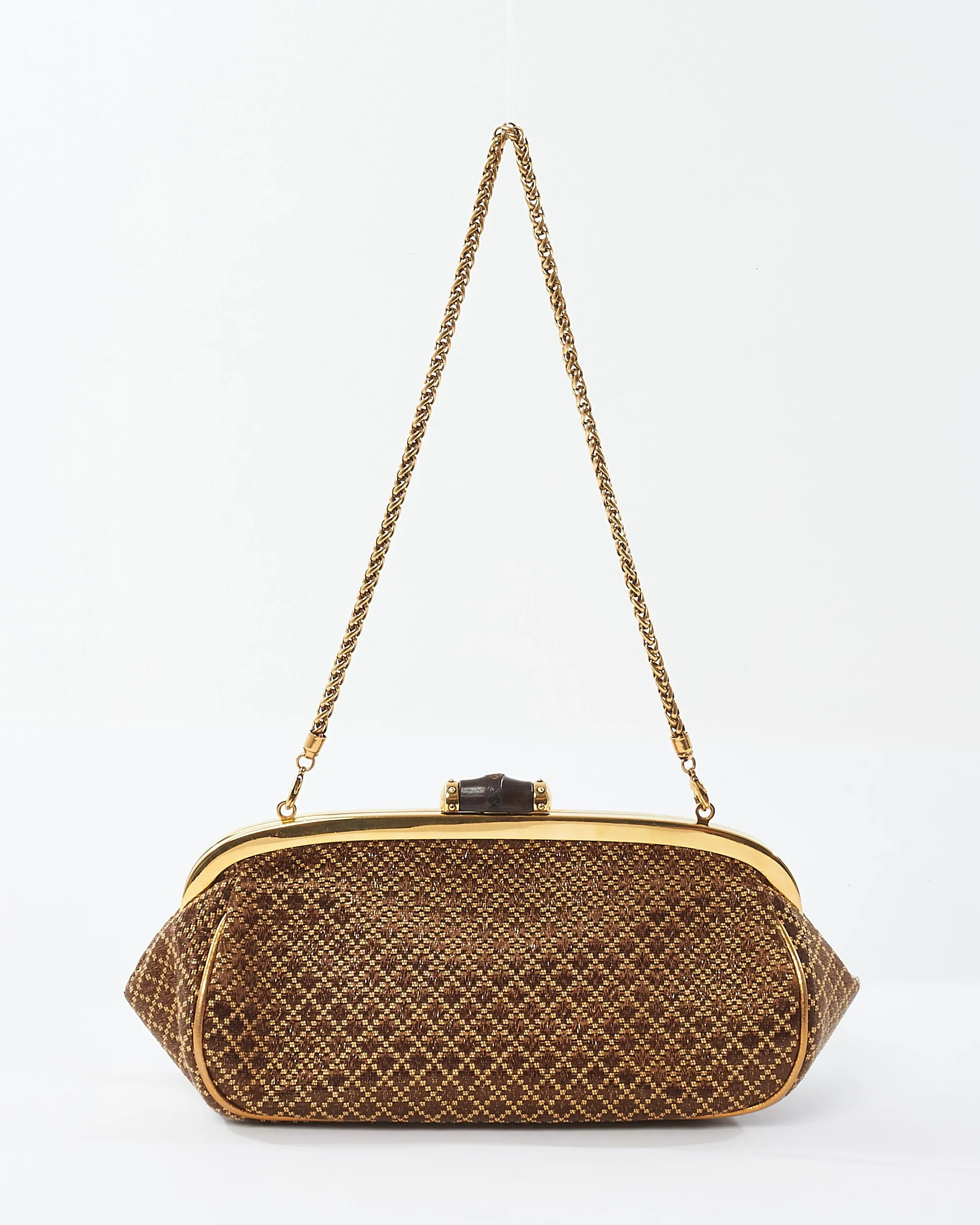Gucci Vintage Brown & Gold Bamboo Shoulder Chain Clutch