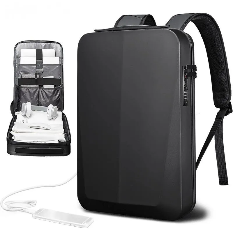 Hard Shell Backpack with Lock Anti-theft 15.6inch Waterproof Backpack Carbon Fiber USB Charging