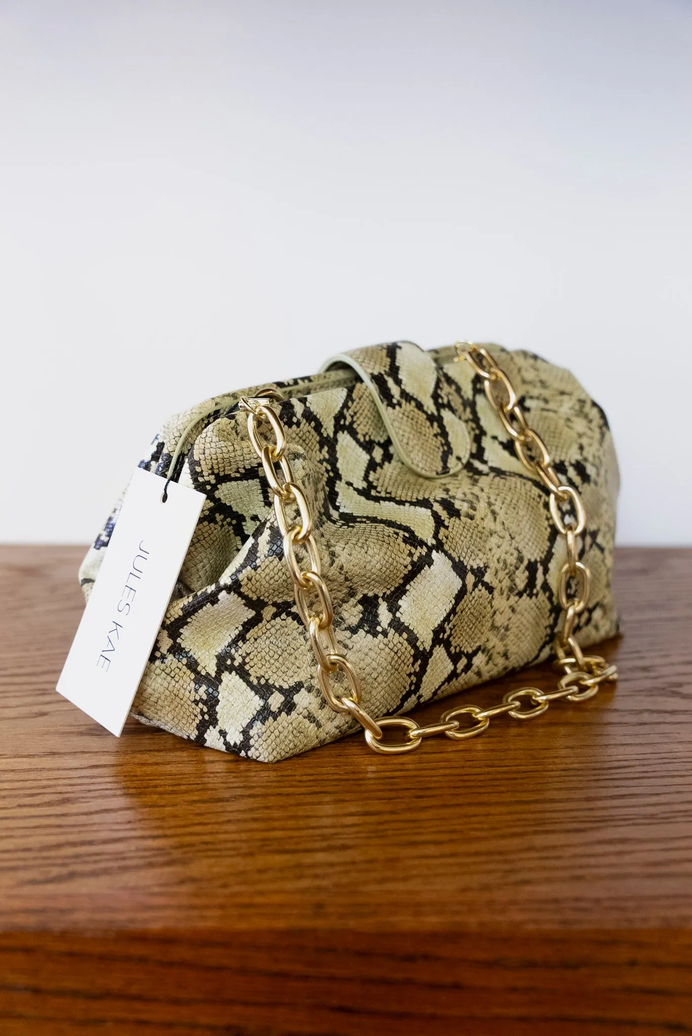 JULES KAE Sophia Oversized Clutch in Lime Snakeskin
