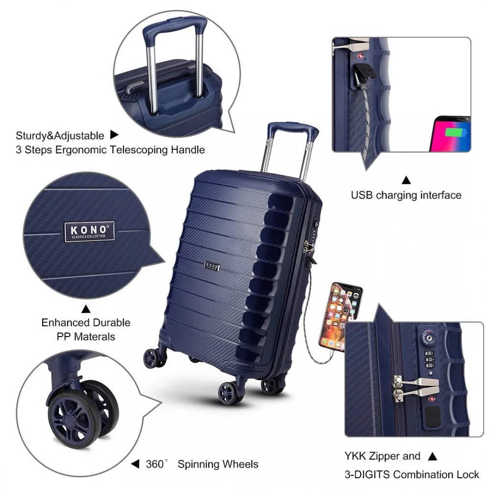 Kono Cabin Size Classic Collection PP Luggage With Charging Interface - Navy Blue