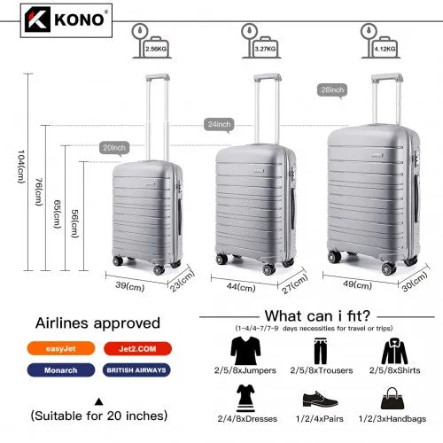 Kono Multi Texture Hard Shell PP Suitcase 3 Pieces Set - Classic Collection - Grey