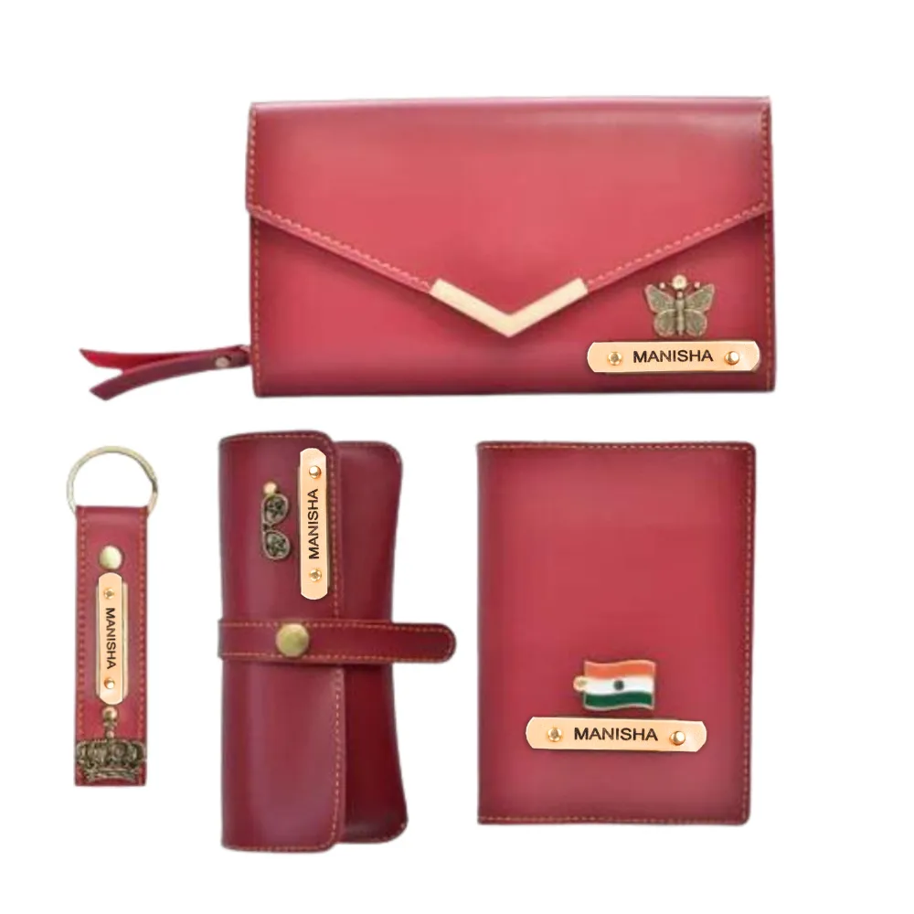 Ladies 4 Pc Combo (Lady Wallet 1.0, Passport, Eyewear, Keychain) (Wine Red)