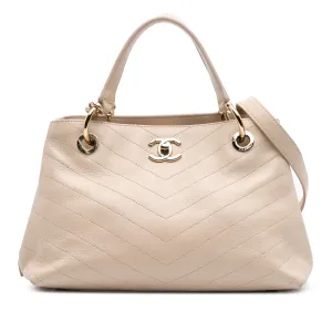Large CC Chevron Calfskin Stitched Shopping Tote