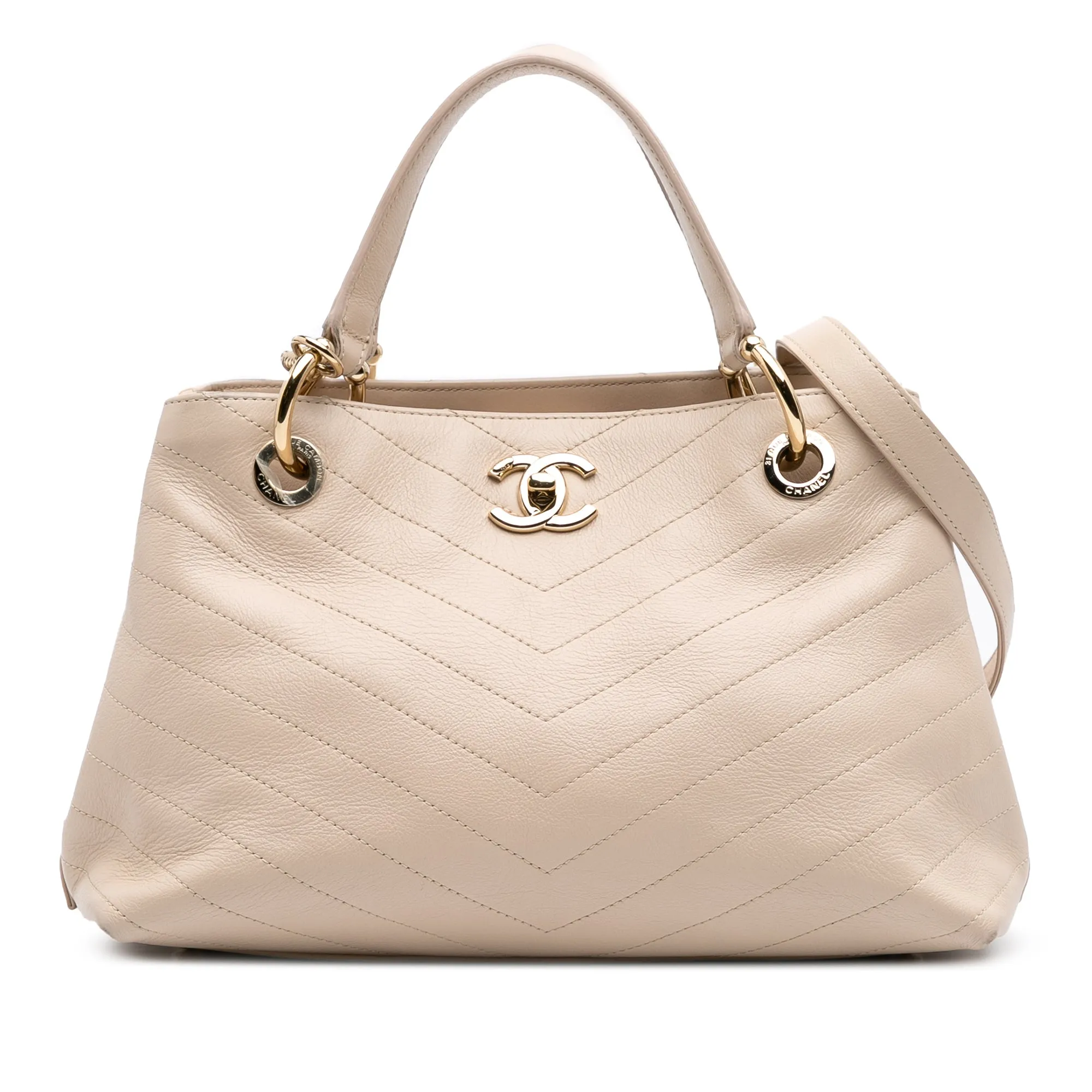 Large CC Chevron Calfskin Stitched Shopping Tote