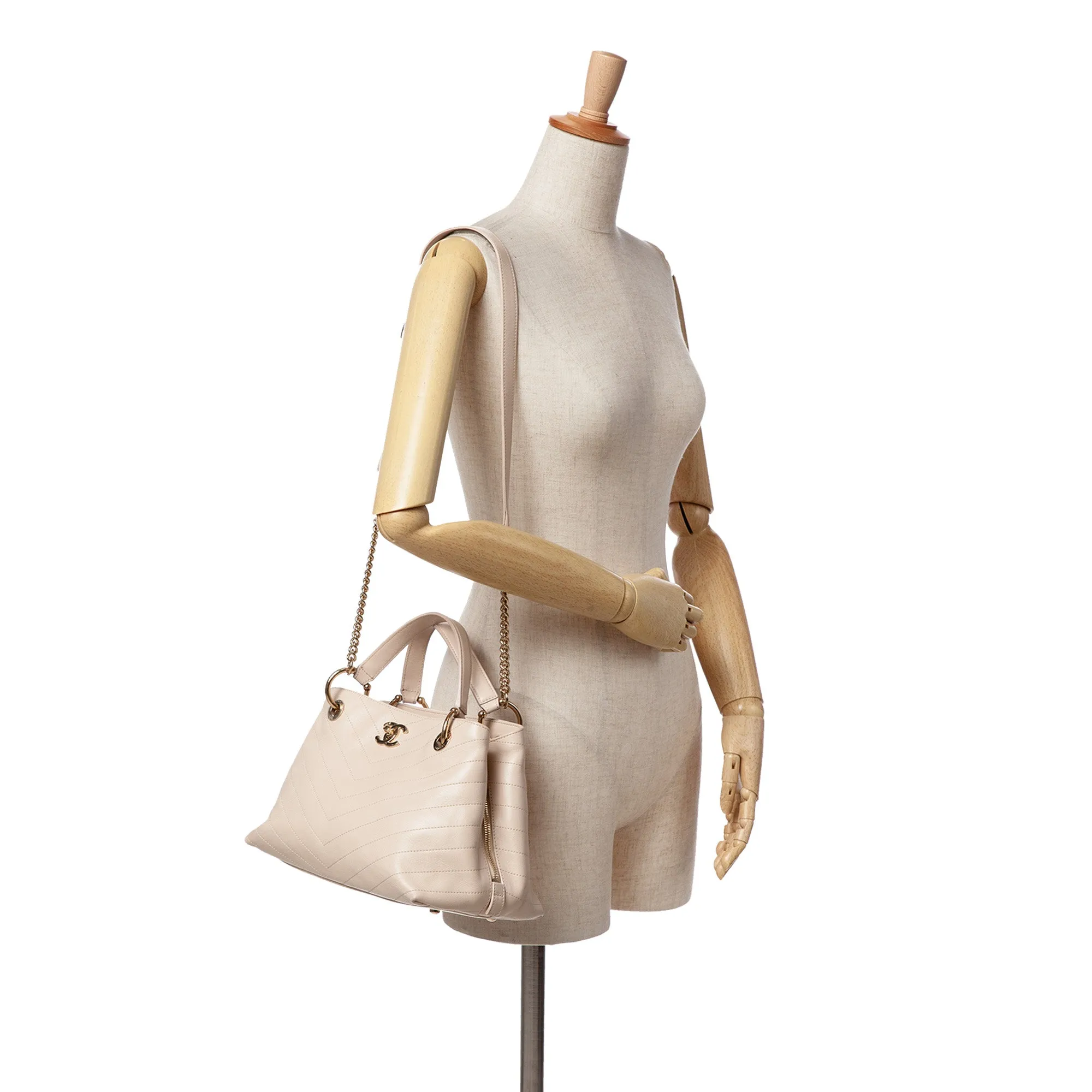 Large CC Chevron Calfskin Stitched Shopping Tote
