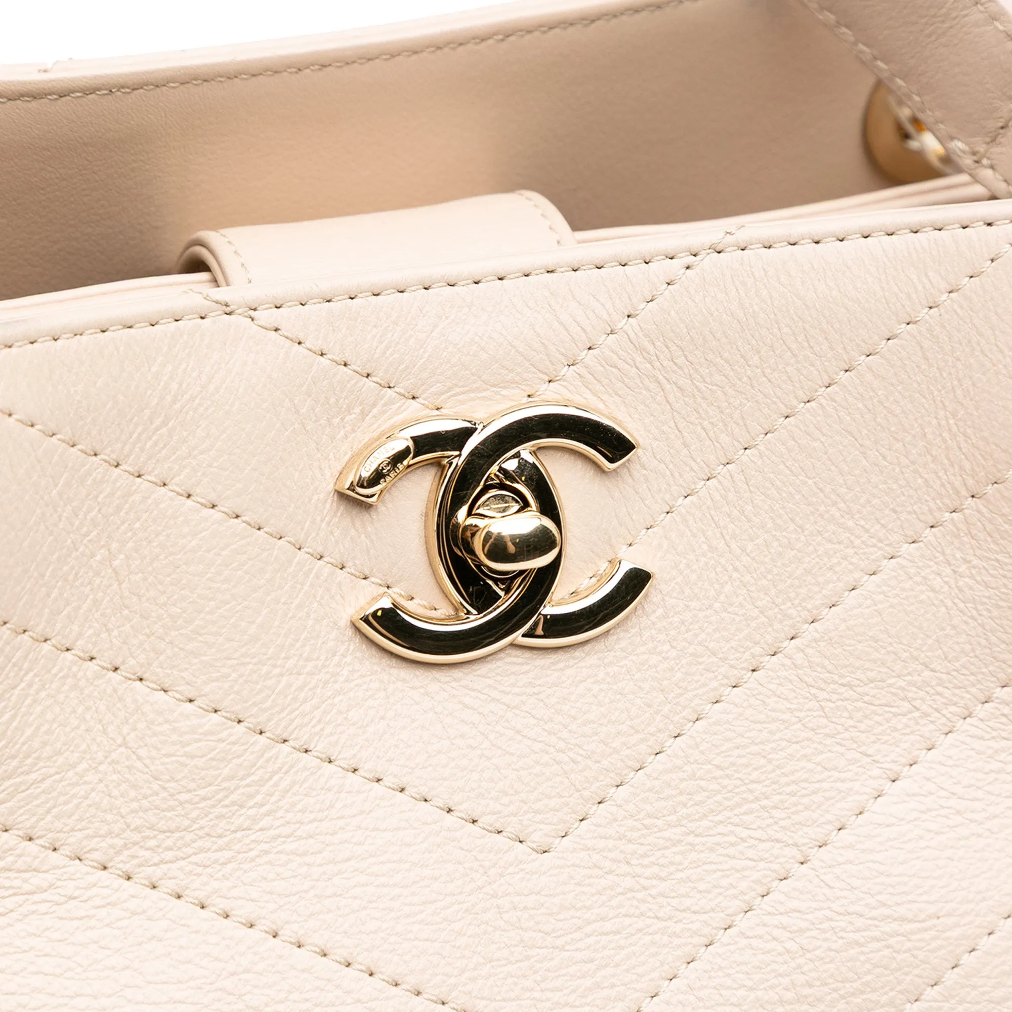 Large CC Chevron Calfskin Stitched Shopping Tote