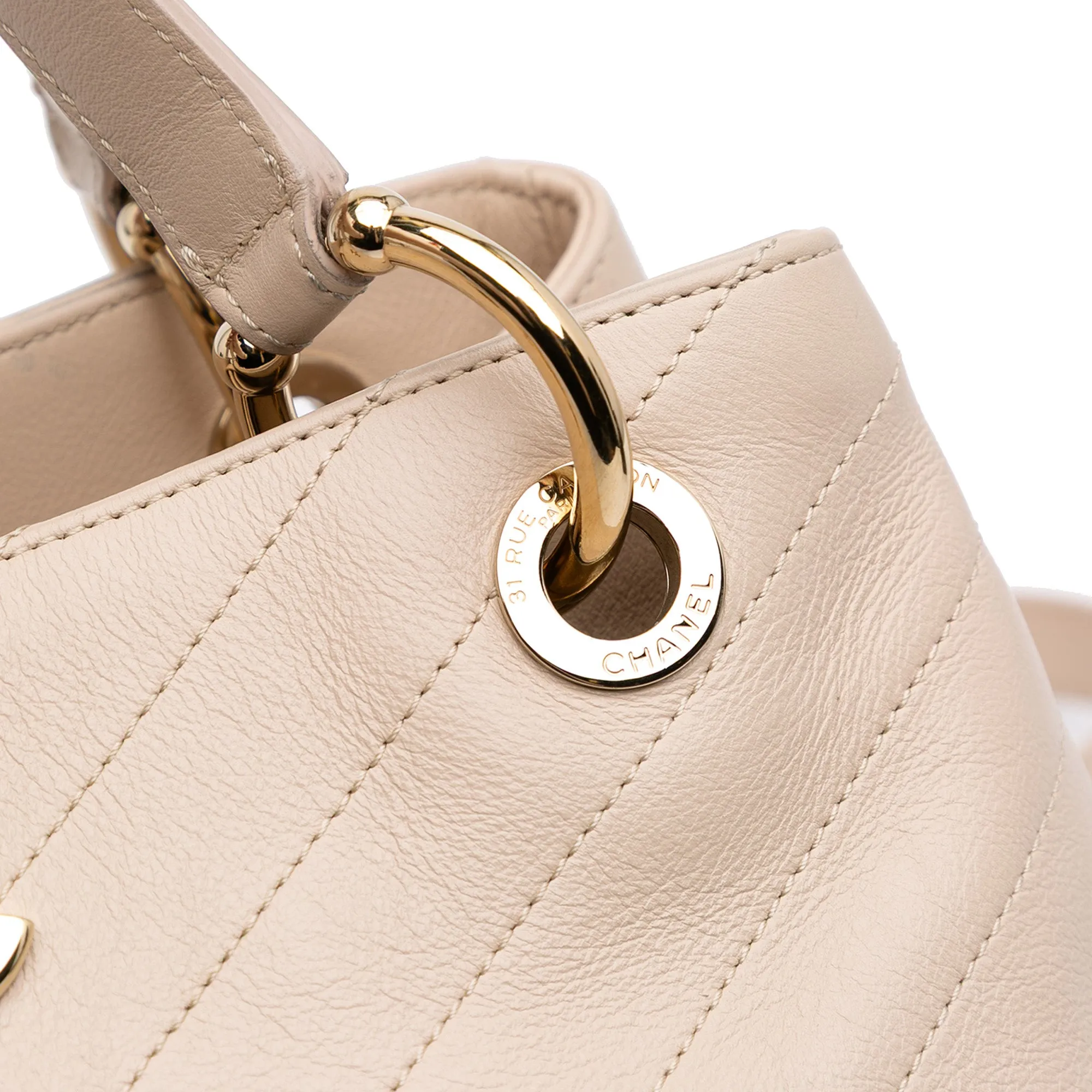 Large CC Chevron Calfskin Stitched Shopping Tote