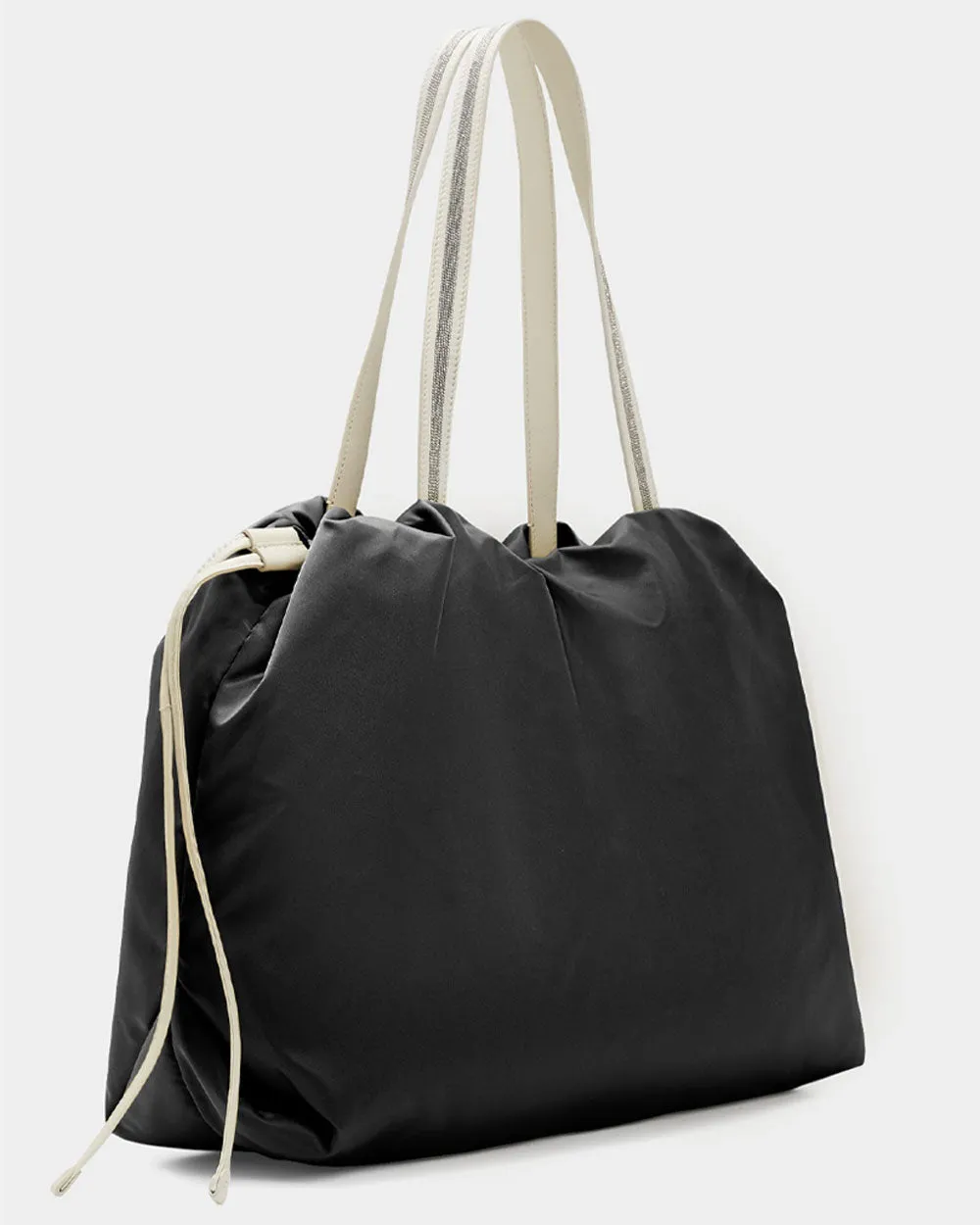 Large Monili Drawstring Nylon Tote Bag in Black