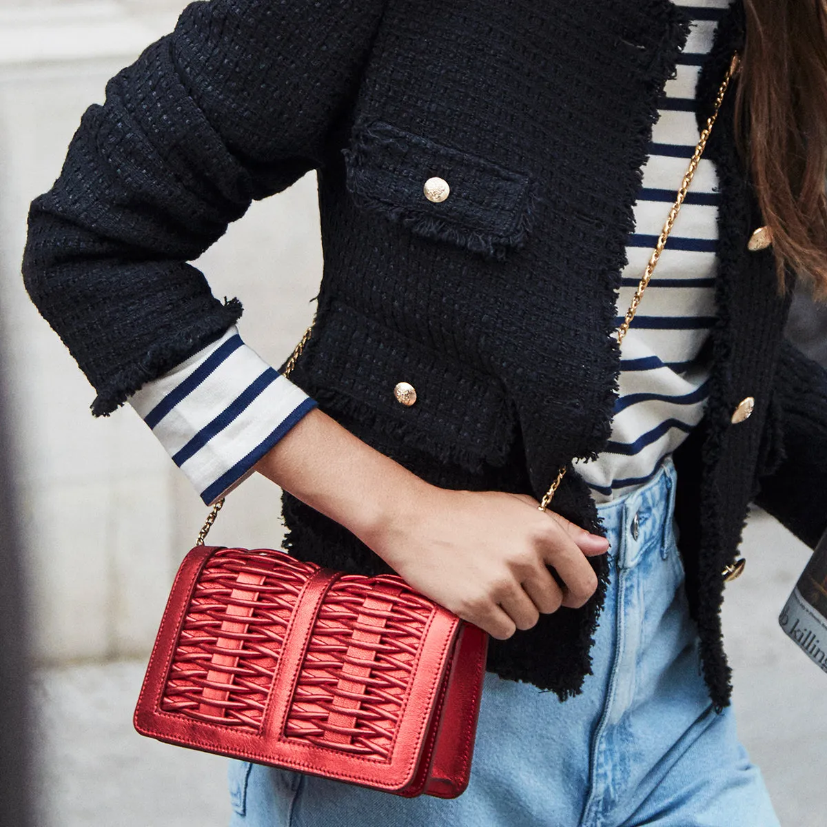 Lea red metallic braided clutch