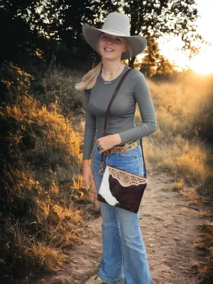 Leather and Cowhide Crossbody Bag - Brown