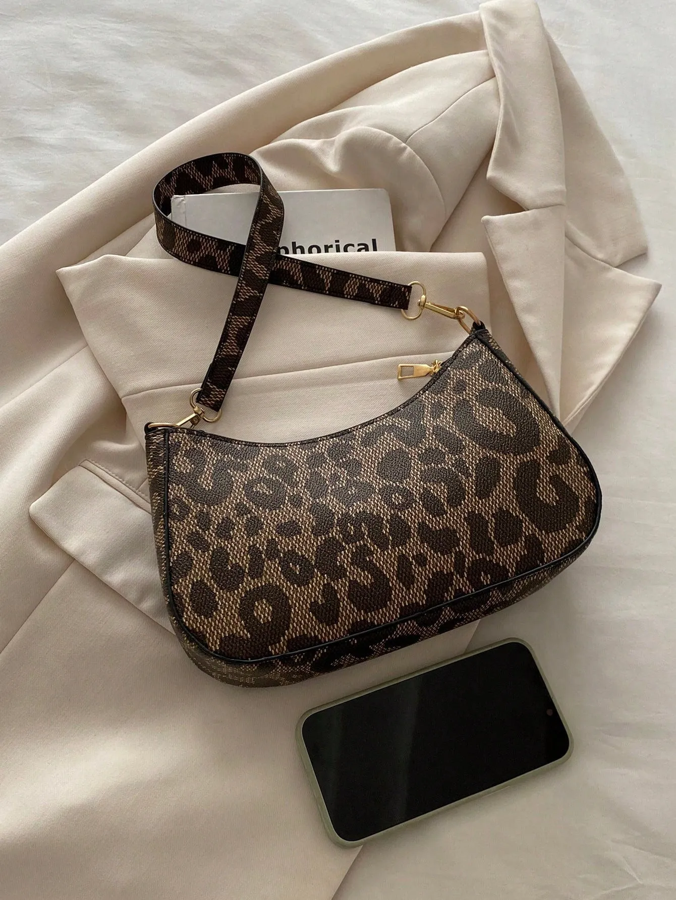 Leopard Print Casual Baguette Bag
