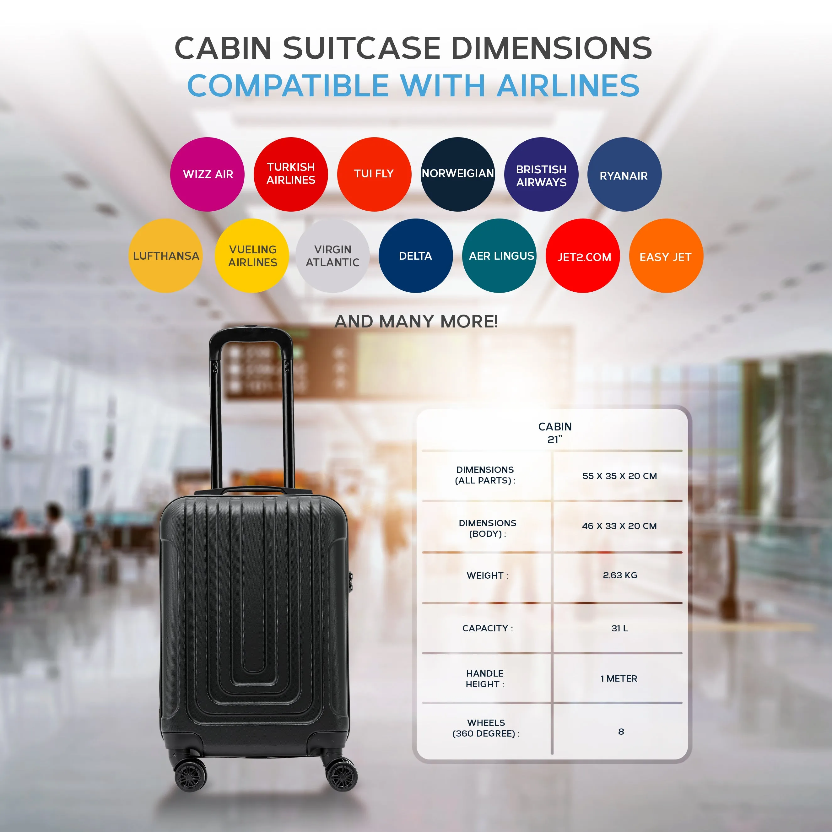 Lightweight Carry On Suitcase TSA Lock USB Port 8 Wheels For Over 100 Airlines