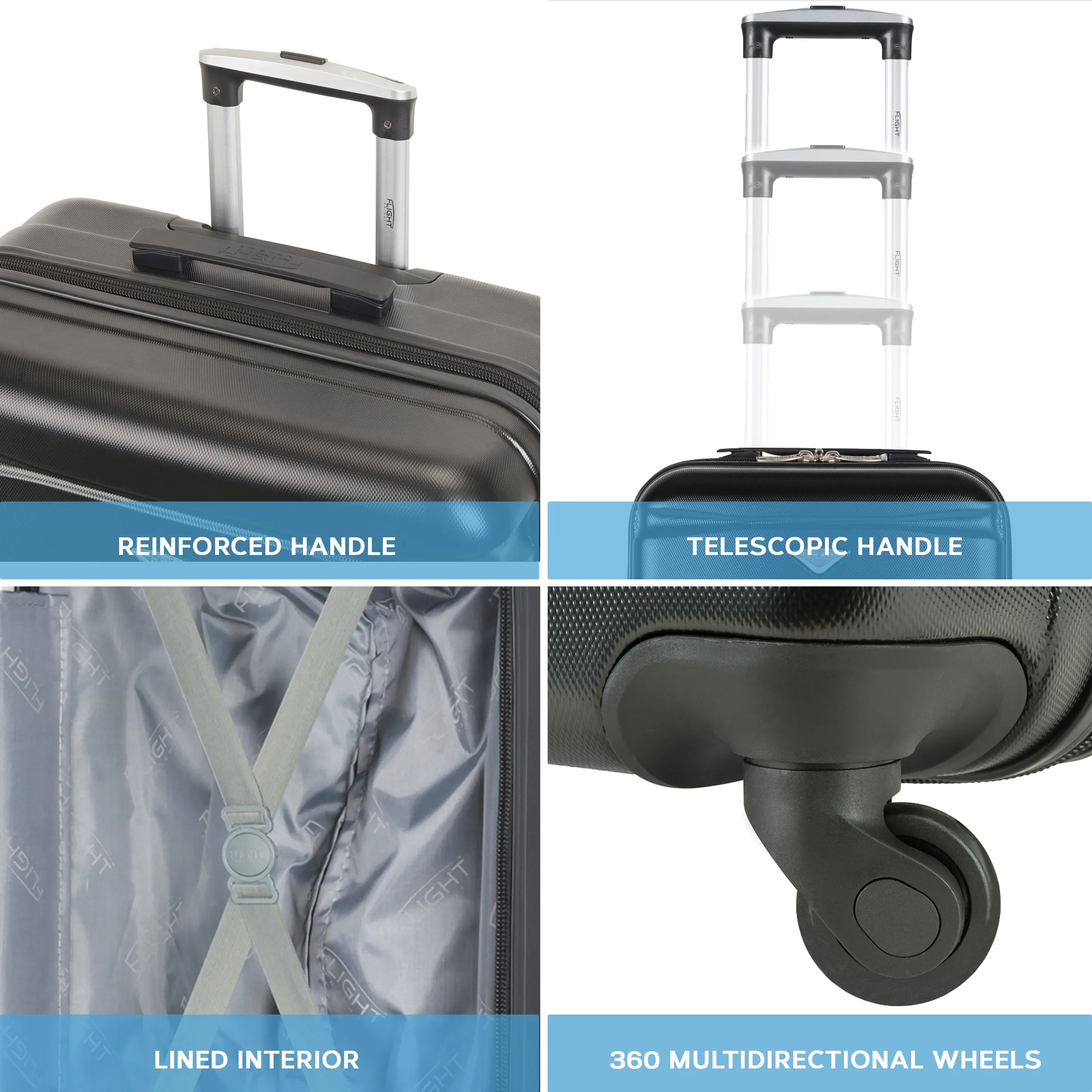 Lightweight Set of 4 Check In Overhead & Underseat Carry On Hard Case Luggage