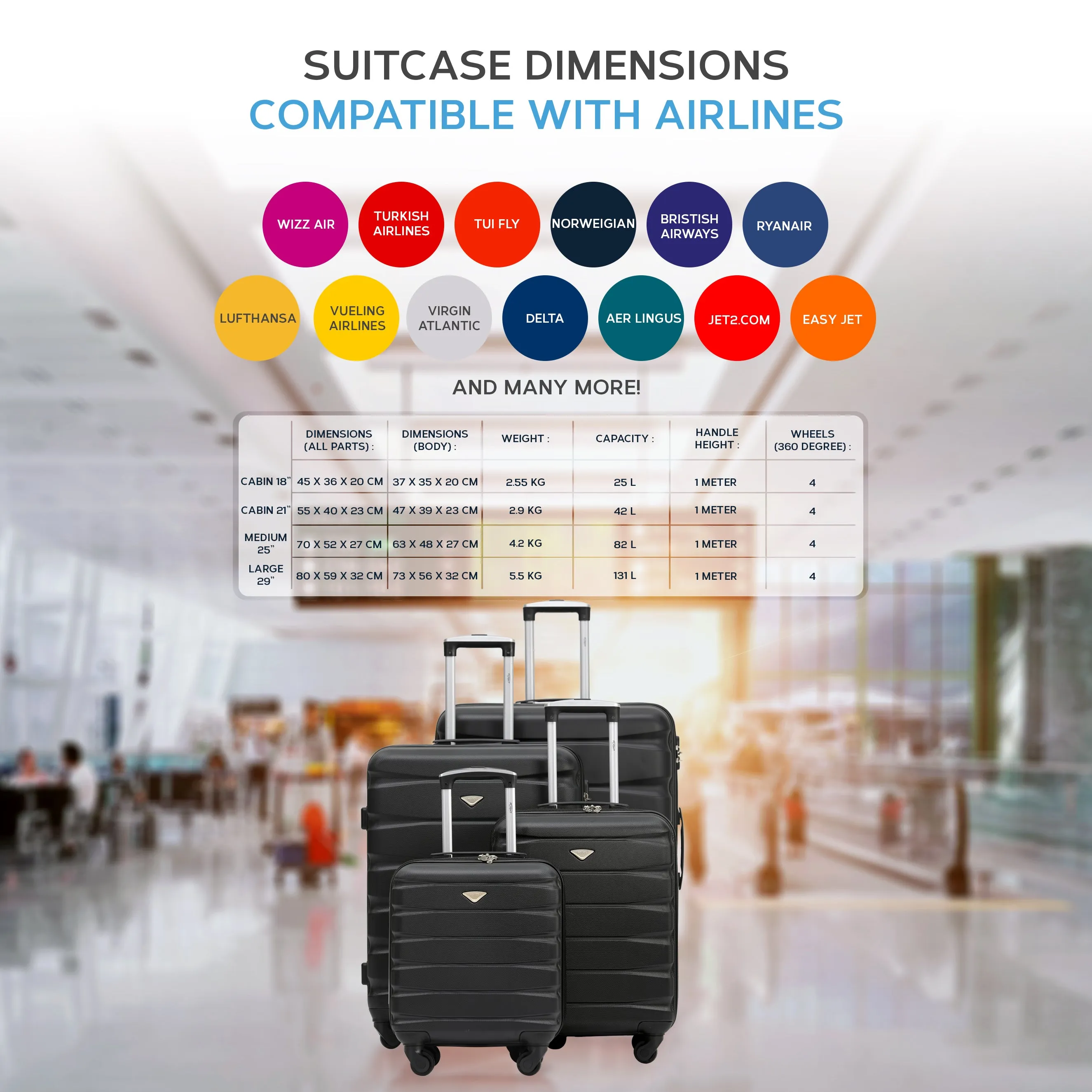 Lightweight Set of 4 Check In Overhead & Underseat Carry On Hard Case Luggage