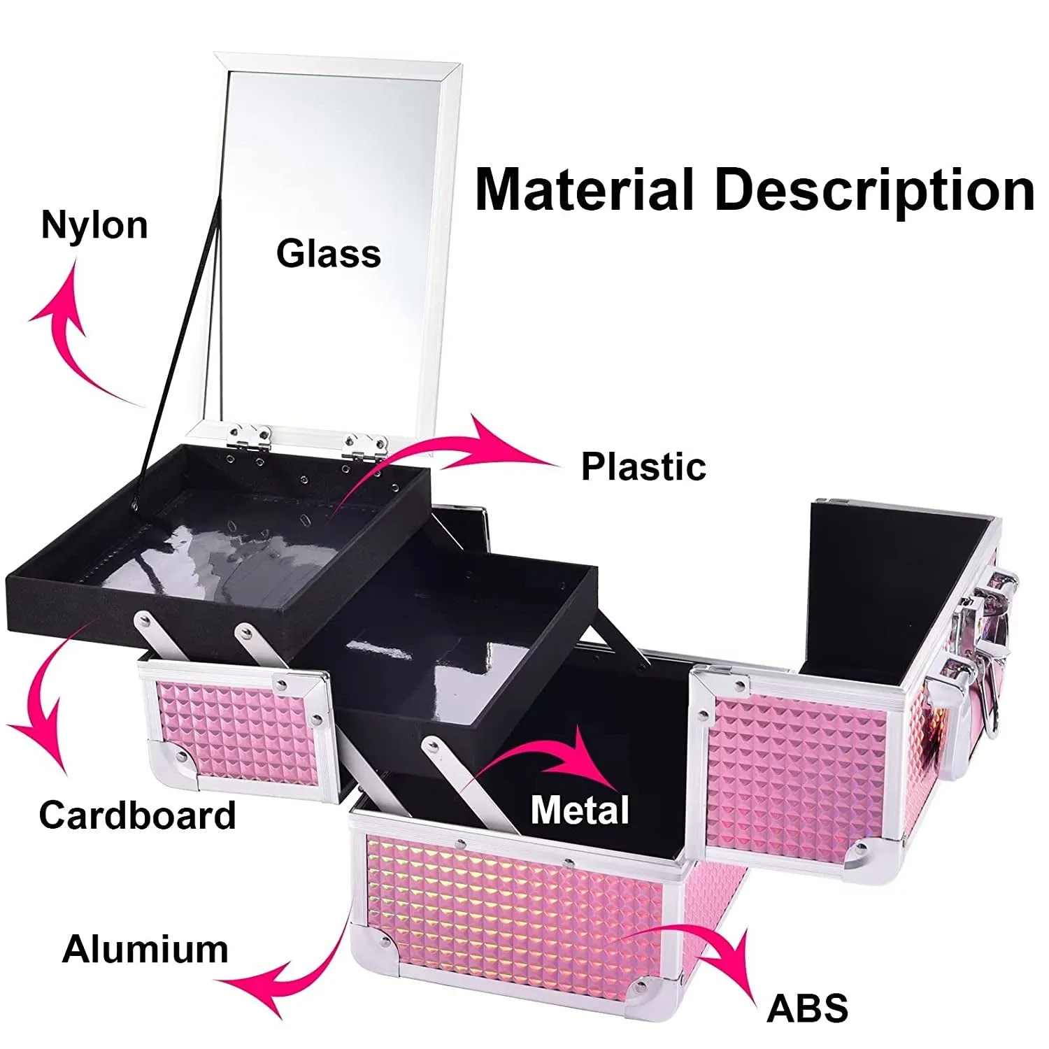 Makeup Train Case, Lockable Traveling Makeup Box with 2 Trays & Mirror, Mermaid Pink