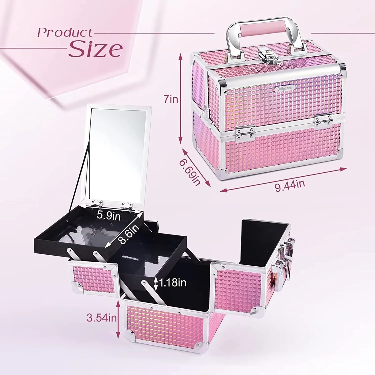 Makeup Train Case, Lockable Traveling Makeup Box with 2 Trays & Mirror, Mermaid Pink