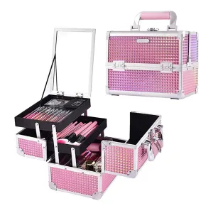 Makeup Train Case, Lockable Traveling Makeup Box with 2 Trays & Mirror, Mermaid Pink