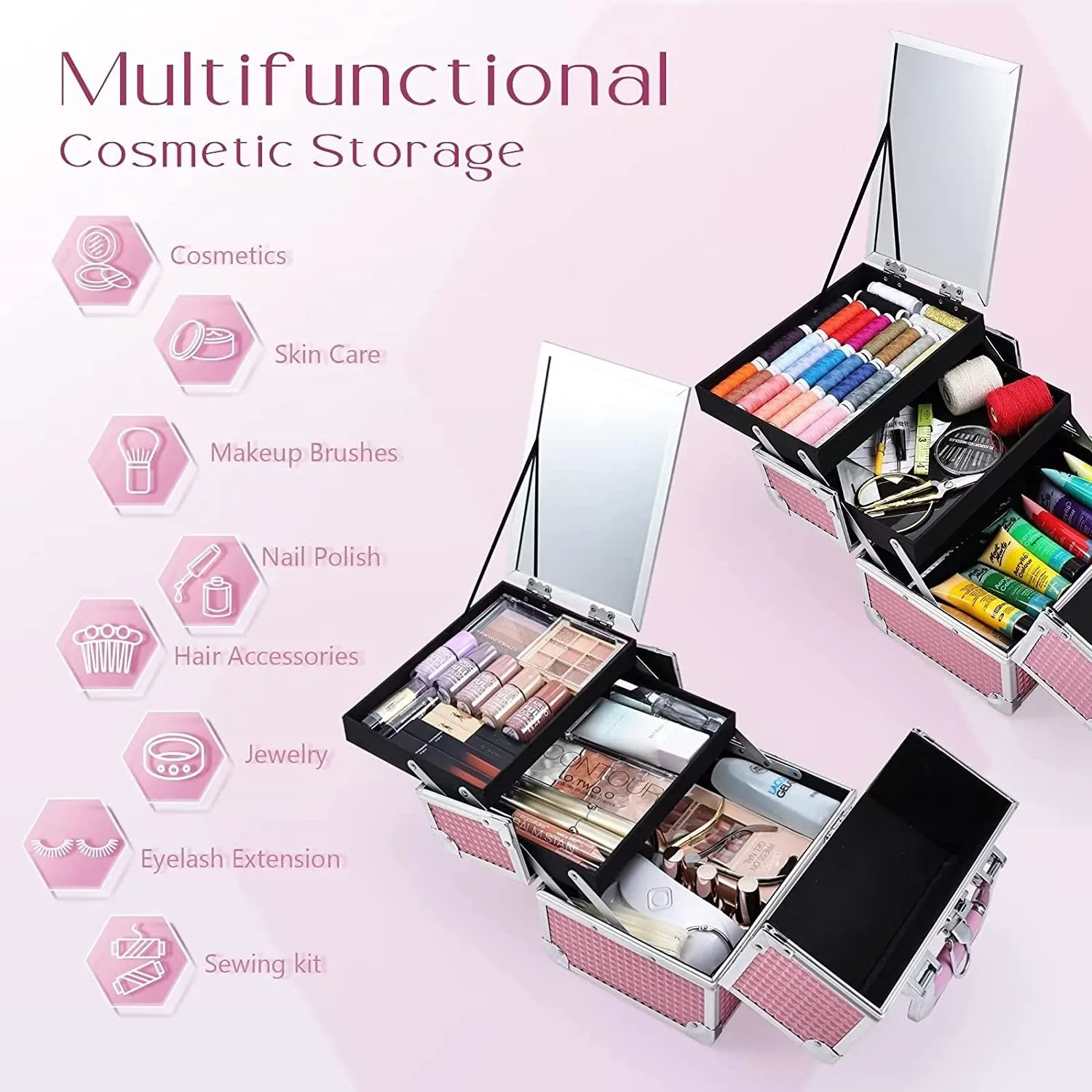 Makeup Train Case, Lockable Traveling Makeup Box with 2 Trays & Mirror, Mermaid Pink