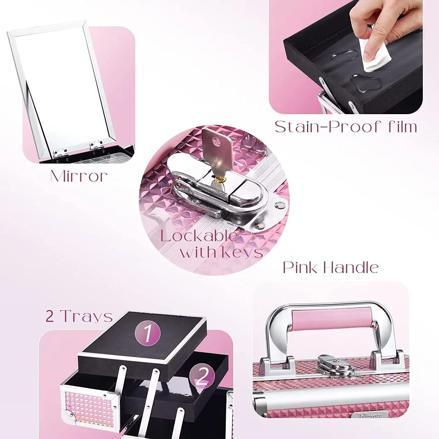 Makeup Train Case, Lockable Traveling Makeup Box with 2 Trays & Mirror, Mermaid Pink
