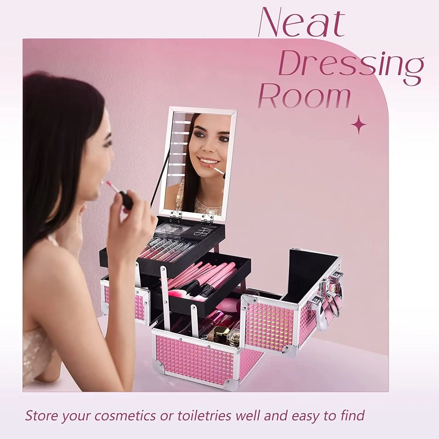 Makeup Train Case, Lockable Traveling Makeup Box with 2 Trays & Mirror, Mermaid Pink