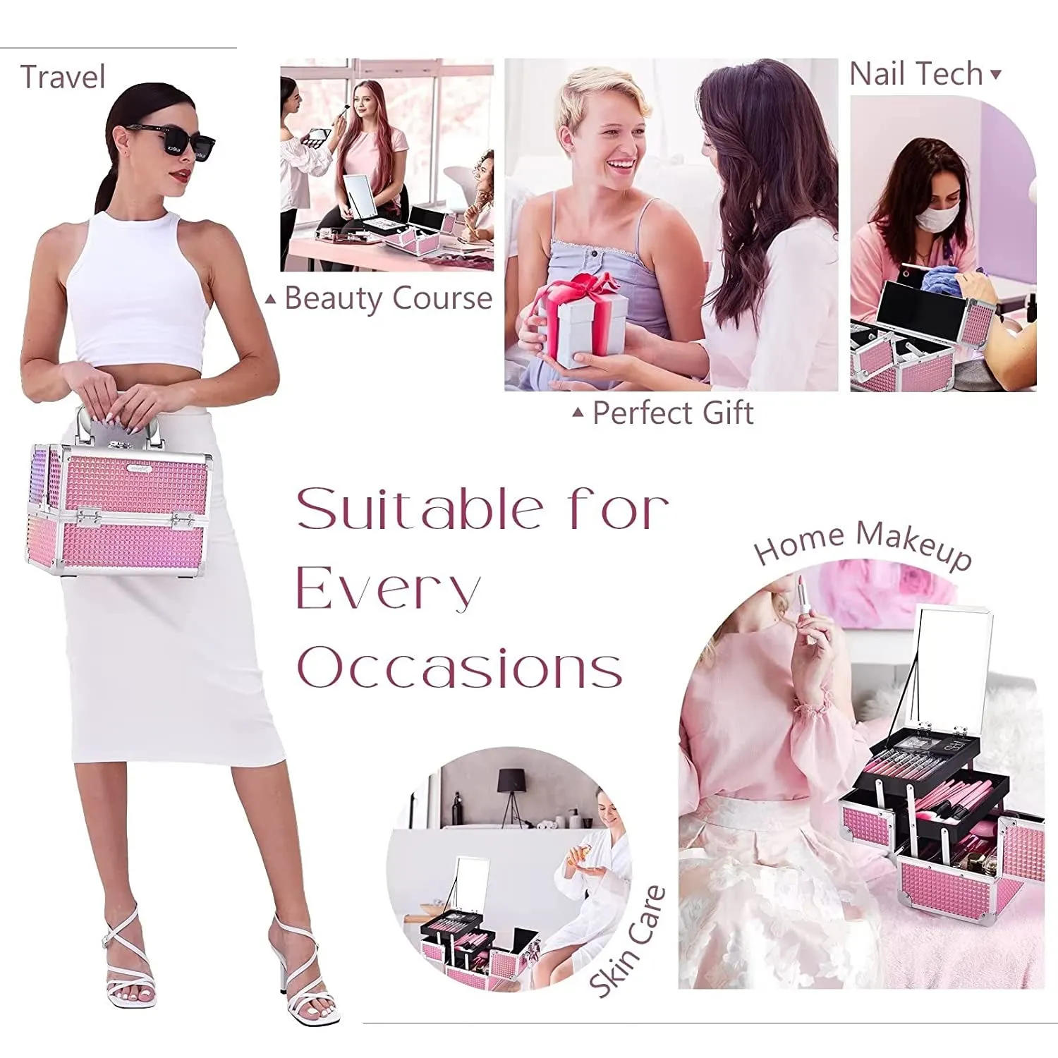 Makeup Train Case, Lockable Traveling Makeup Box with 2 Trays & Mirror, Mermaid Pink