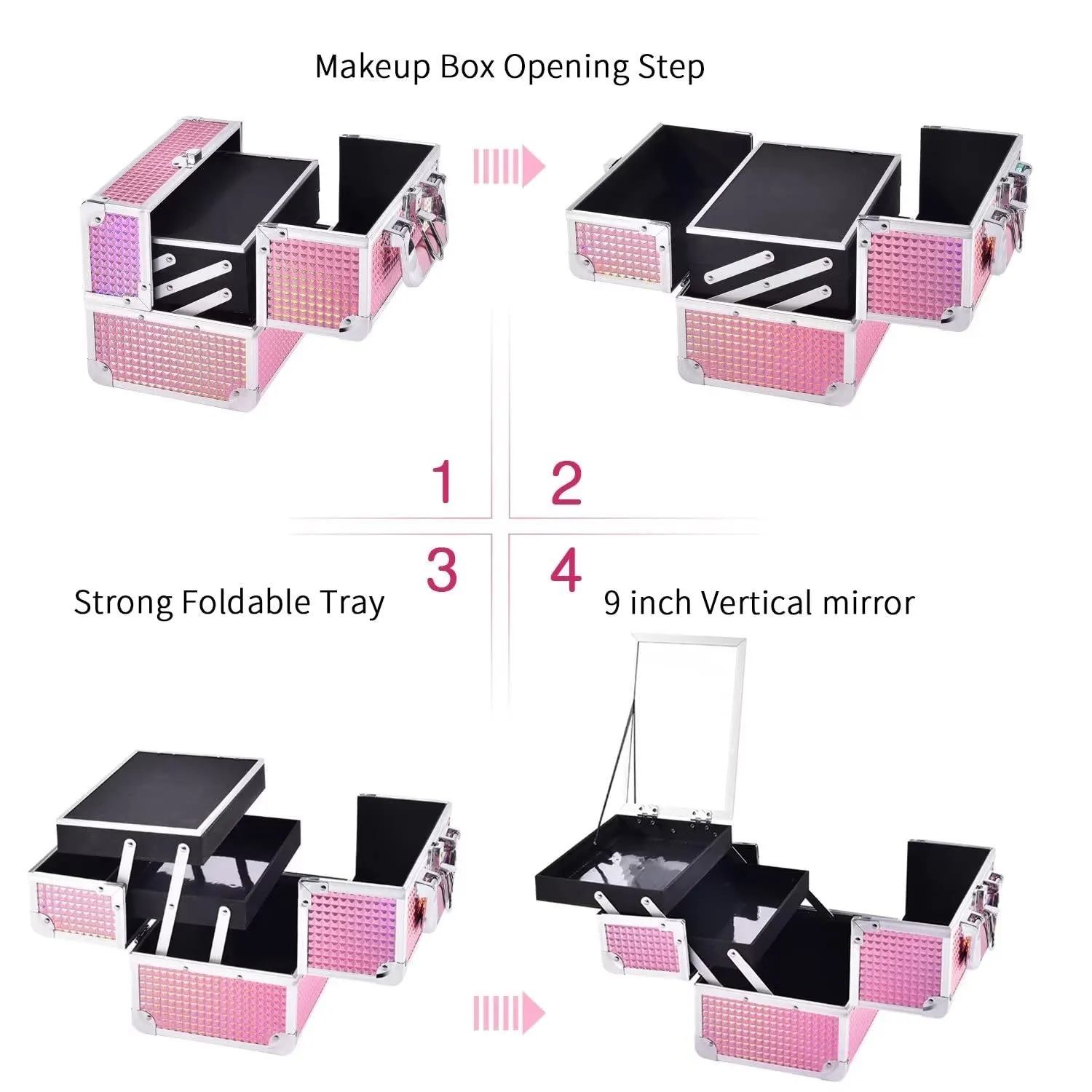Makeup Train Case, Lockable Traveling Makeup Box with 2 Trays & Mirror, Mermaid Pink