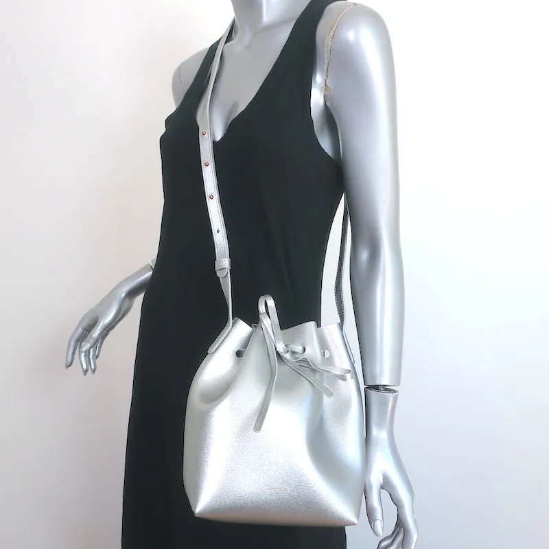 Mansur Gavriel Mini Bucket Bag Silver Metallic Textured Leather Crossbody NEW
