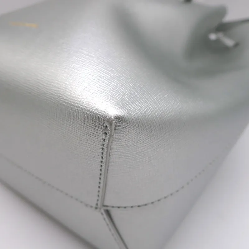 Mansur Gavriel Mini Bucket Bag Silver Metallic Textured Leather Crossbody NEW