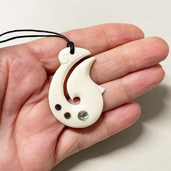 Maori Bone Fish Hook Necklace with Paua Shell Bubbles