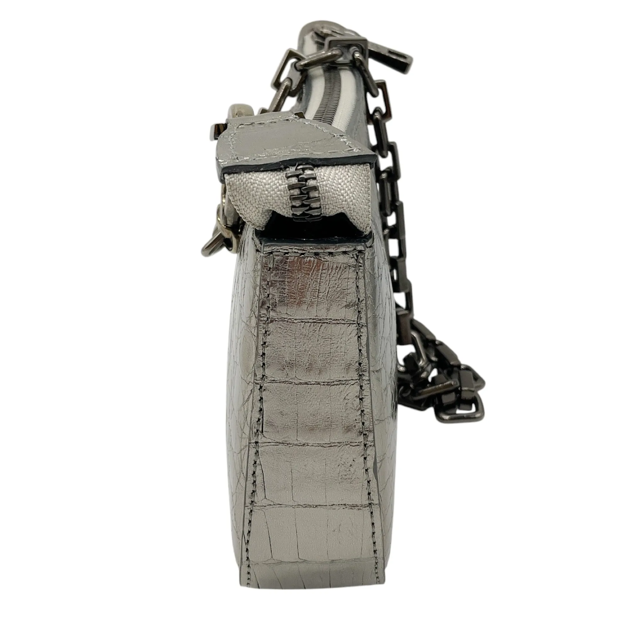 Maria Oliver Silver Metallic Genuine Crocodile Skin Leather Handbag