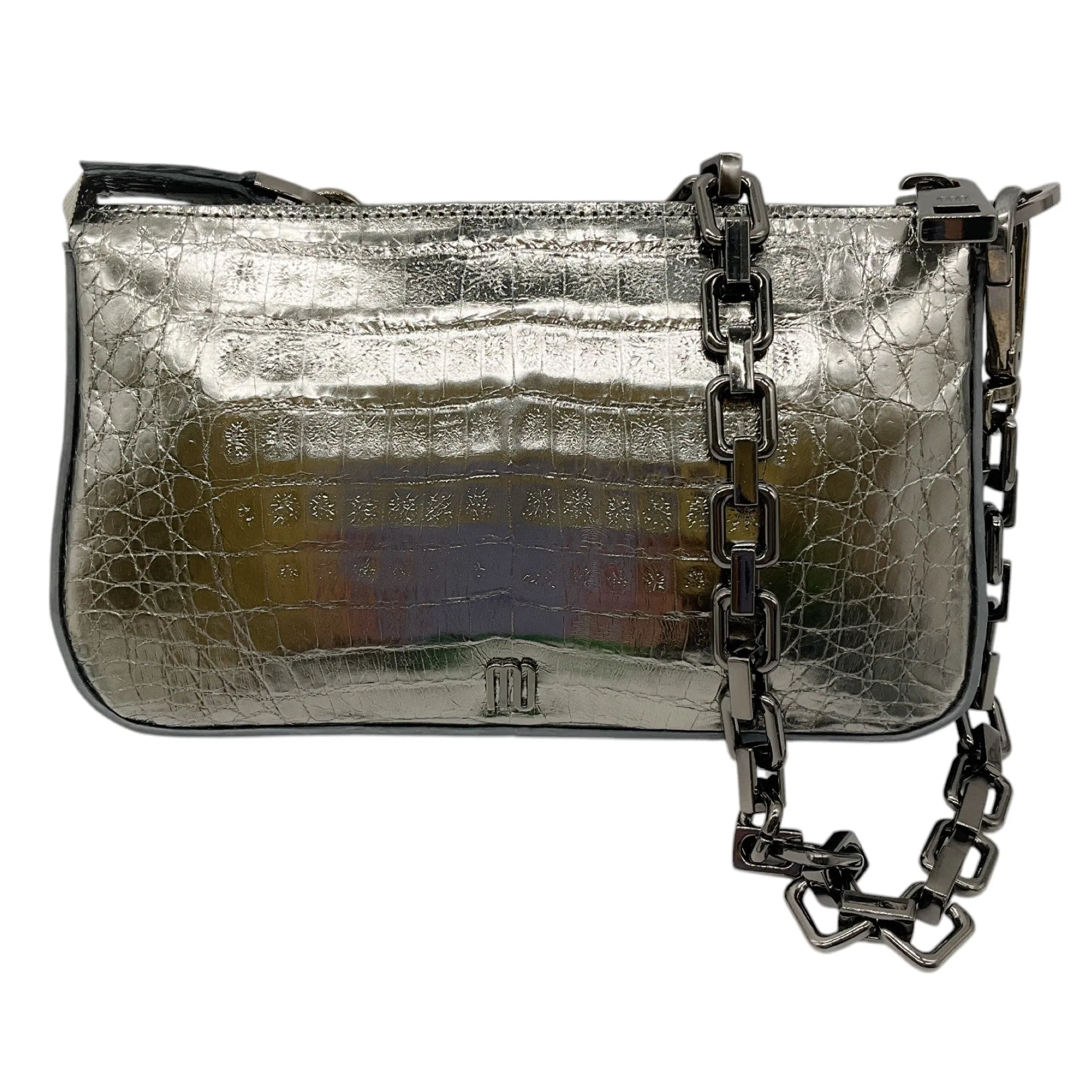 Maria Oliver Silver Metallic Genuine Crocodile Skin Leather Handbag