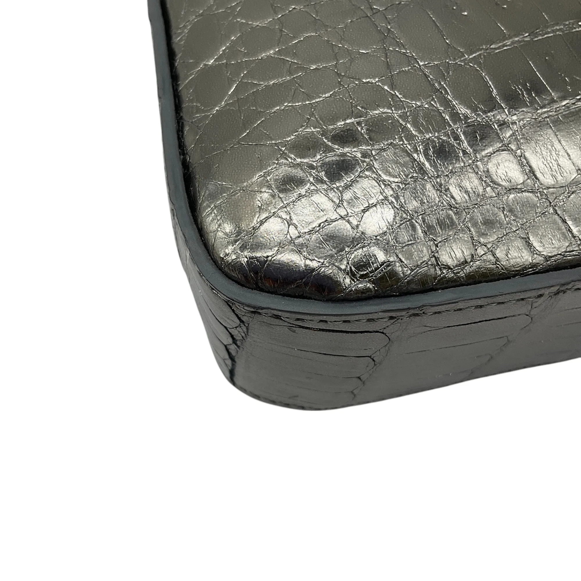 Maria Oliver Silver Metallic Genuine Crocodile Skin Leather Handbag
