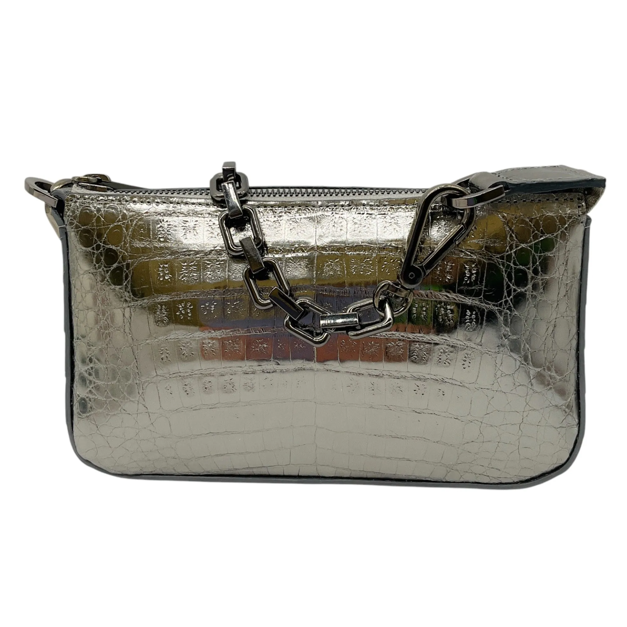 Maria Oliver Silver Metallic Genuine Crocodile Skin Leather Handbag